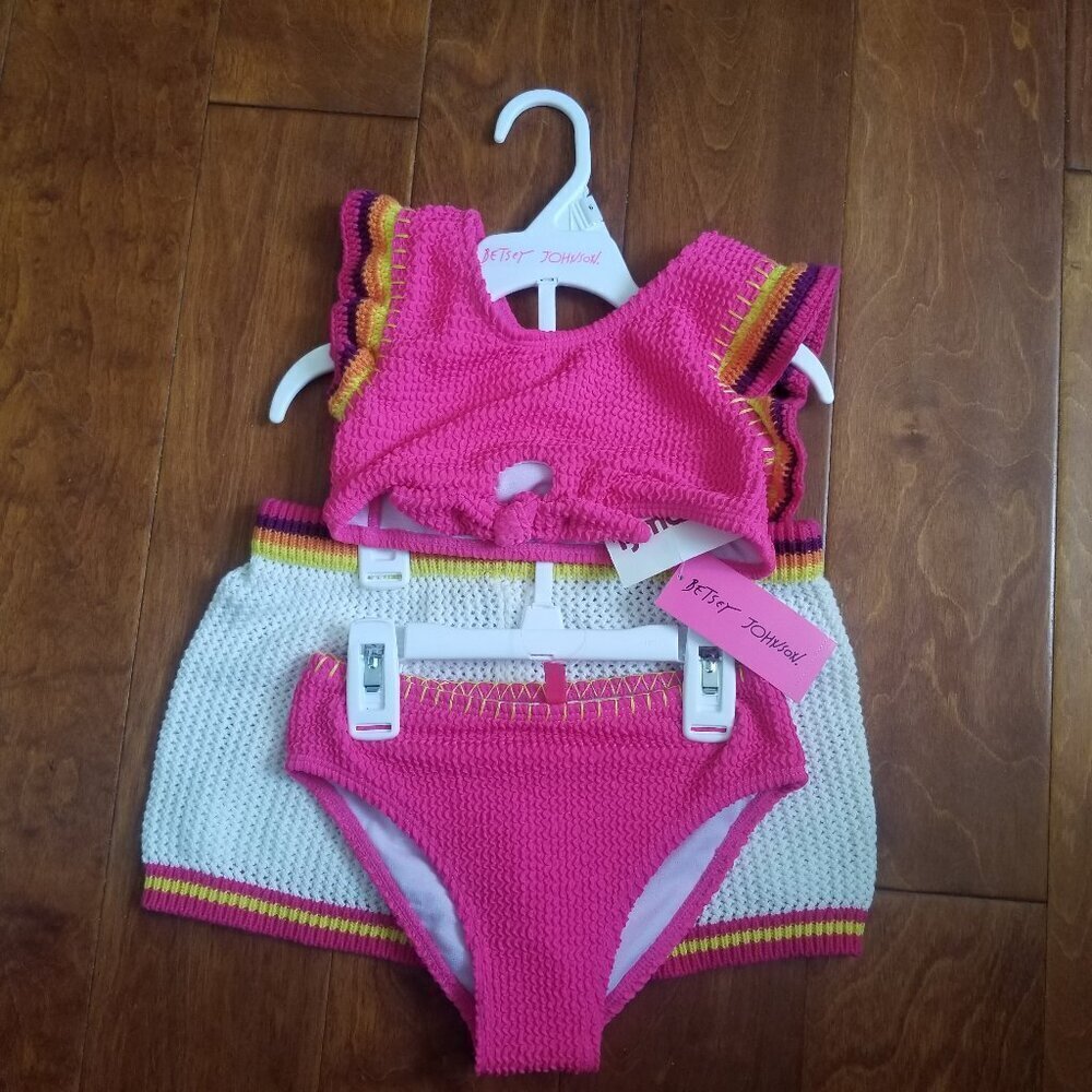 Betsy Johnson Girls Pink Crochet Bikini Swimsuit Shorts Set. Baby Toddler Size 6